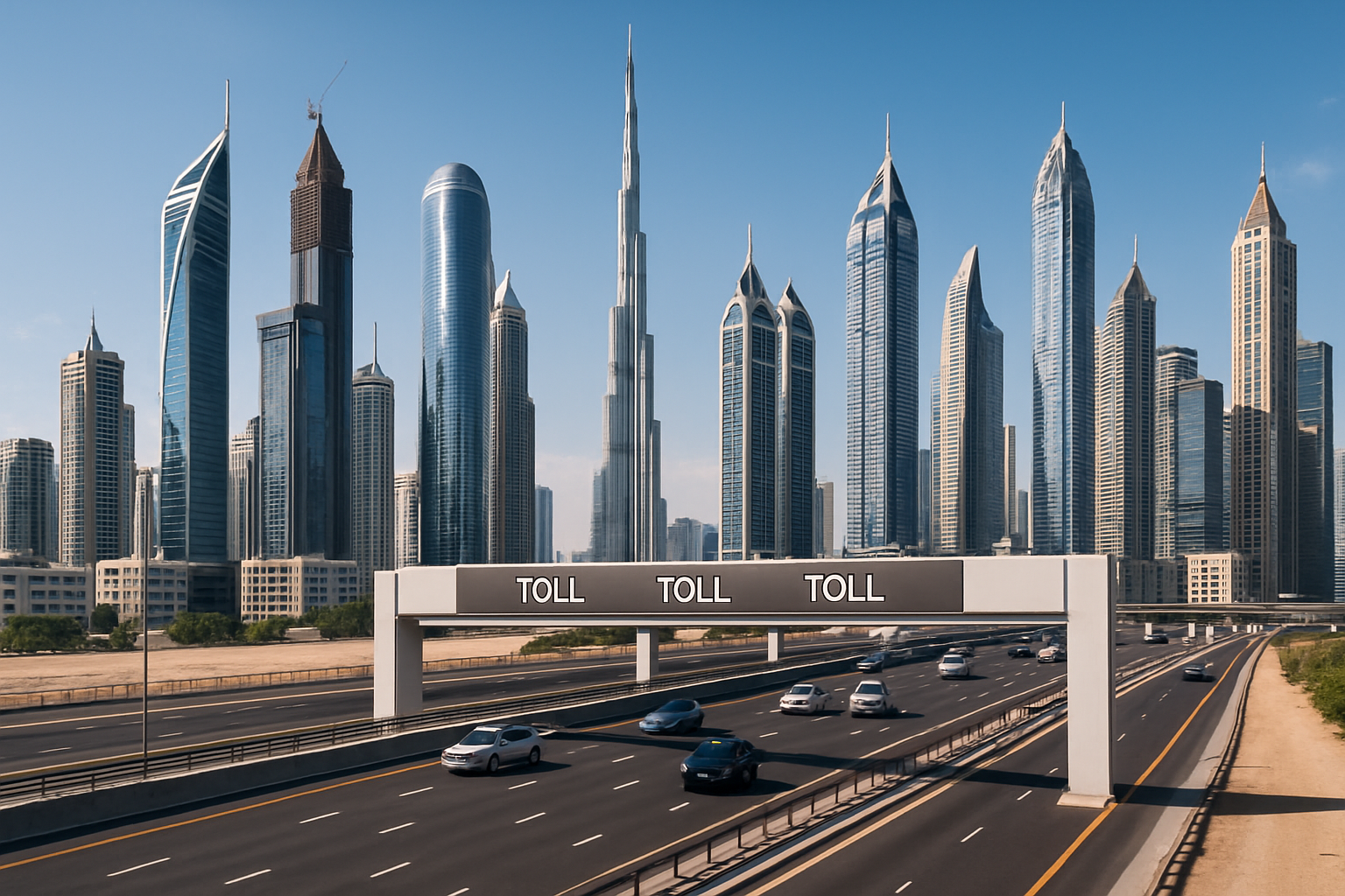 Dubai skyline with modern toll road