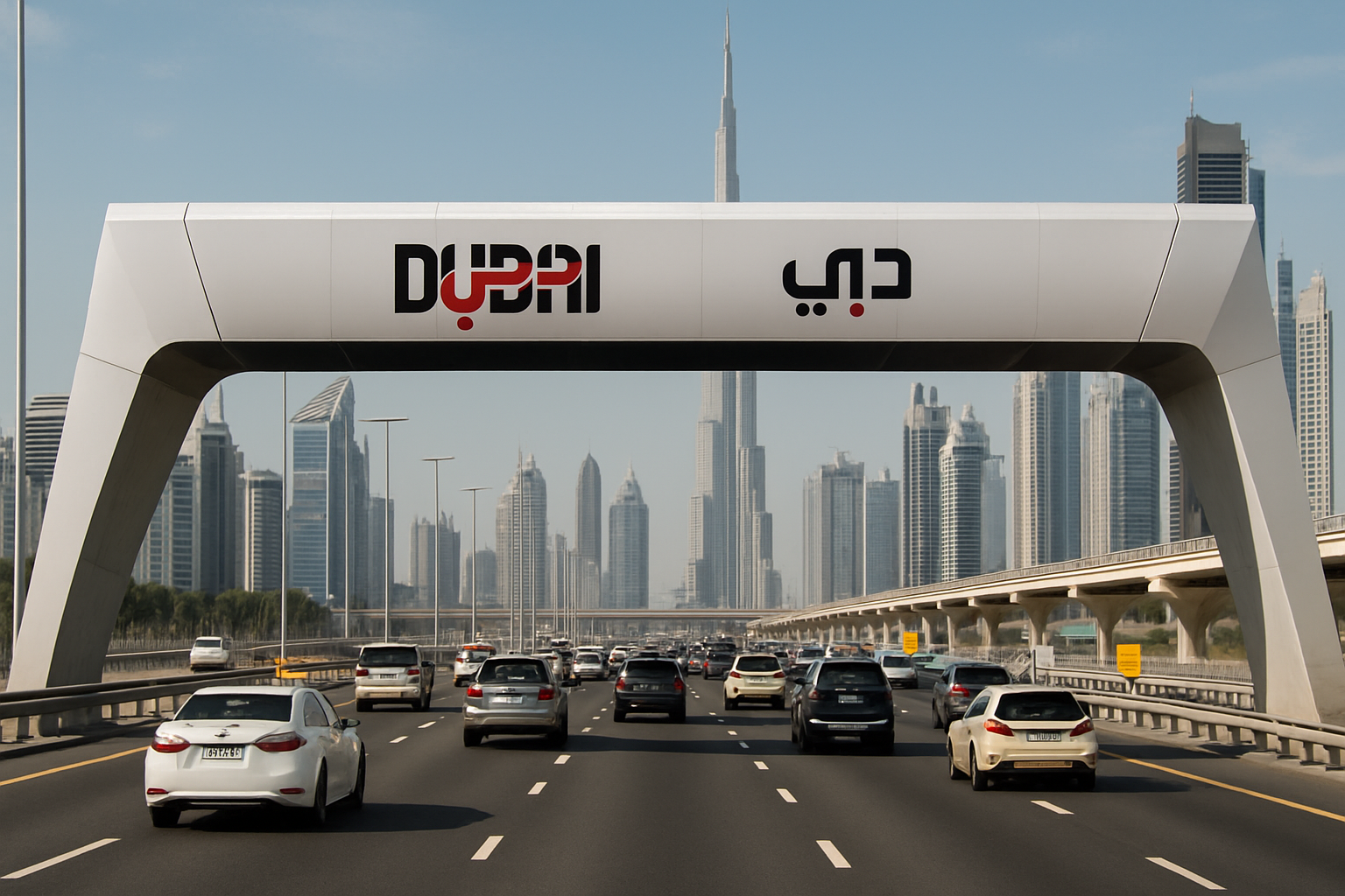 Modern Dubai toll gate on a busy highway